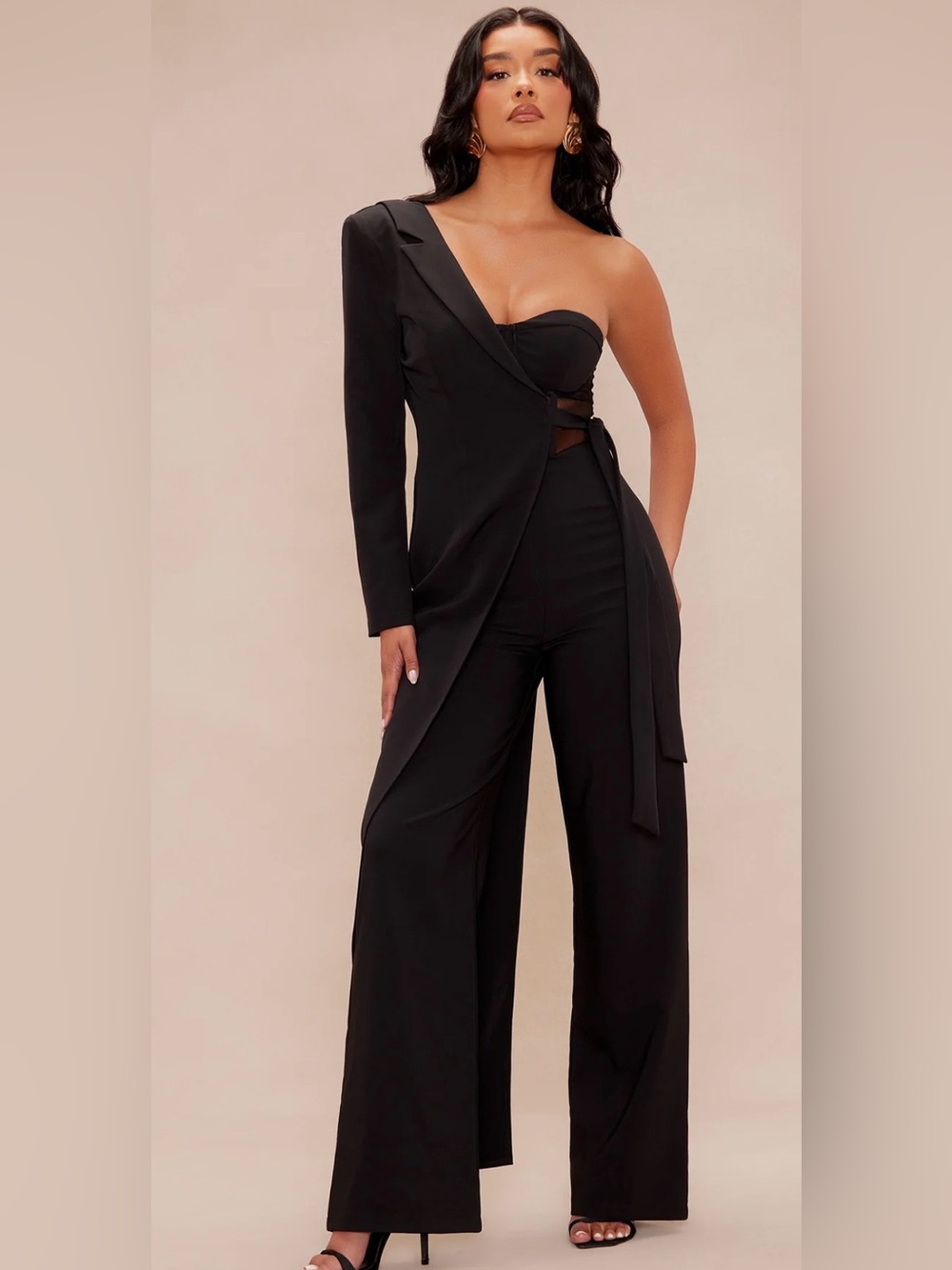 Fashion Nova Black One-Shoulder Wide Leg Jumpsuit